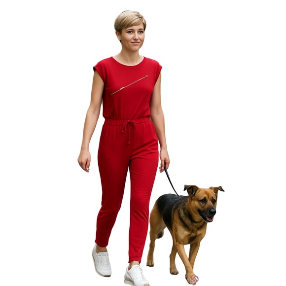 Y2K Red Jumpsuit With Edgy Gold Zipper Accents Cut Out Knees Size Small - Picture 1 of 14